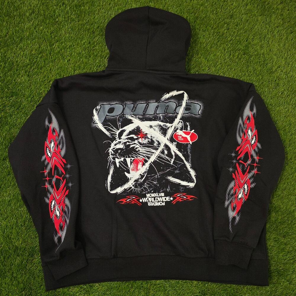 PUMATECH-X Men's Size XL Fleece Hoodie Sweater 633578 01 Black Red New